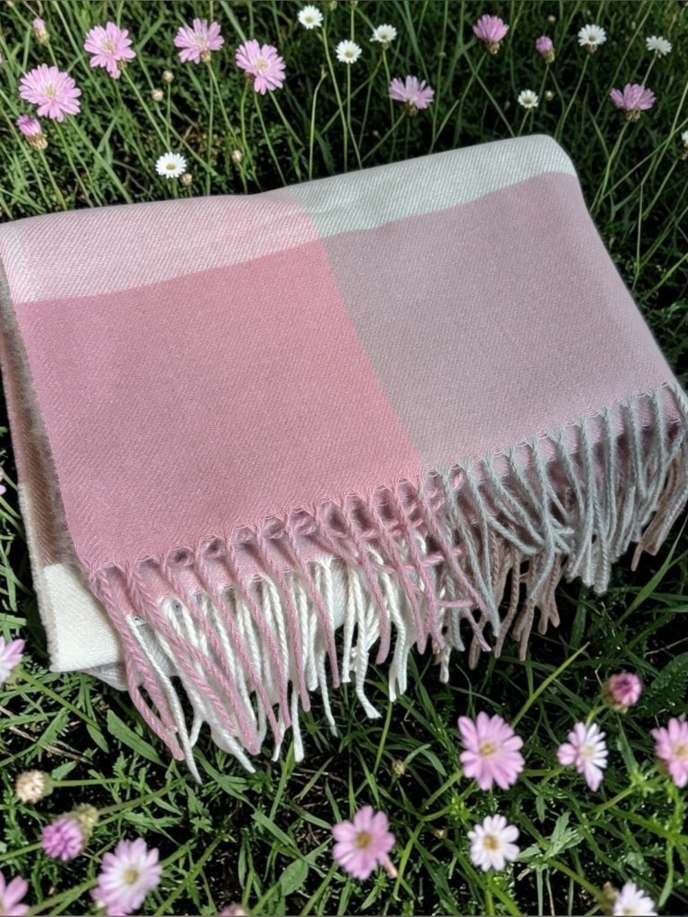 Pashmina 100% Cashmere Wool Scarf Shawl Wrap Color Block Pink Gray White Tassels